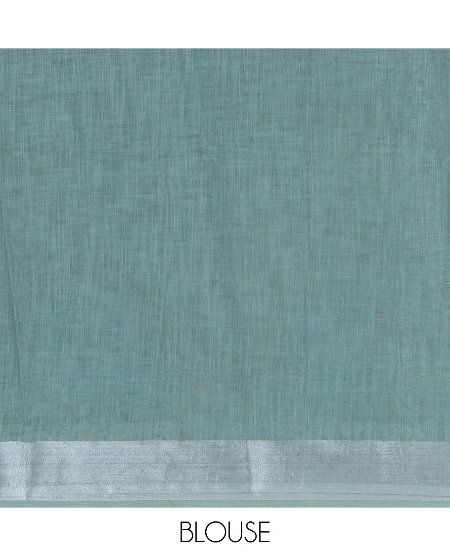 Pista Green Plain Linen Cotton Saree, Complemented by Geometric Printed Zari Border, and a Matching Blouse