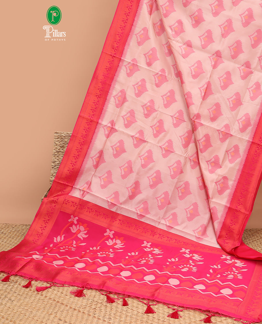 peach pattola design mulberry silk saree with carry, zari design border & self empose with fancy tissue blouse