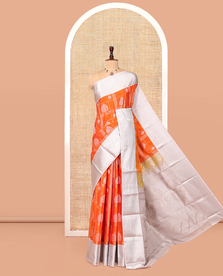Orange Budget Silk Saree, Featuring Zari Butta Enclosed Checks, Complemented by Contrast Traditional Border, Intricate Pallu, and a Contrast Blouse