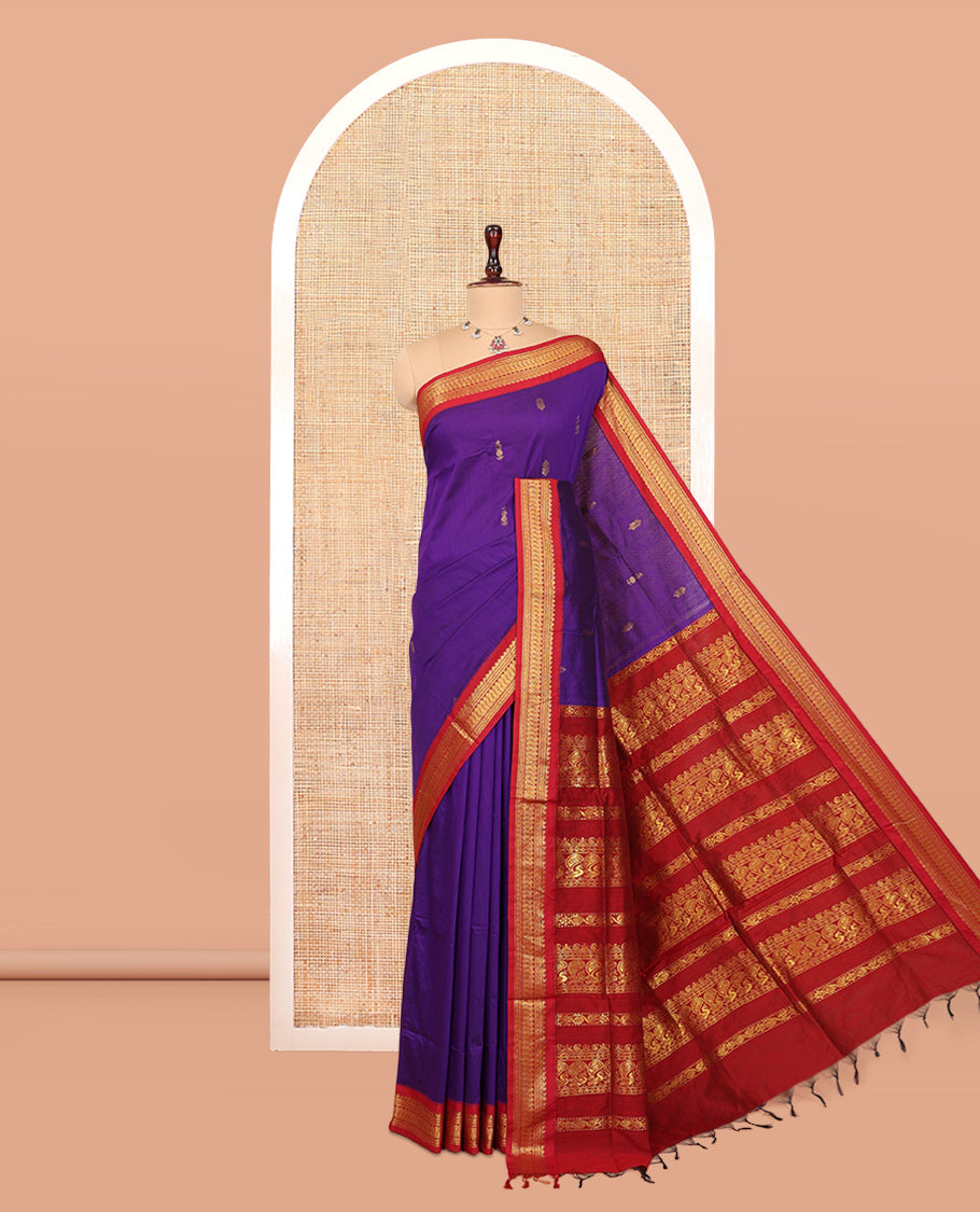 Violet Kalyani Cotton Saree, Subtly Woven with Zari Buttas, Complemented by a Contrast Traditional Border, Traditional Pallu, and a Contrast Blouse