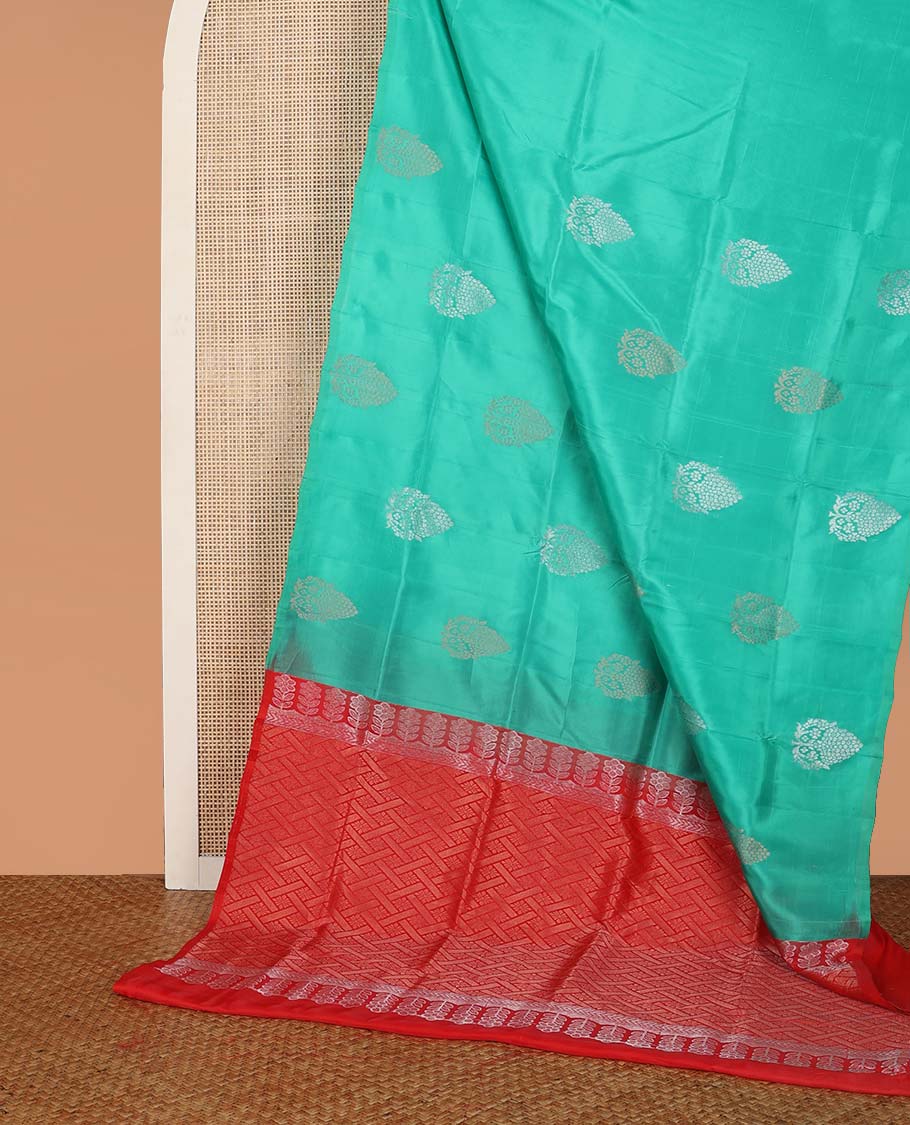Borderless sea blue floral motifs uppada saree with geometric design pallu