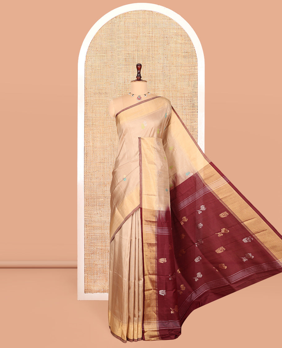Sandal Uppada Silk Saree, Sparsely Sparkled with Buttas, a Subtle Zari Border, Contrast Zari Woven Pallu, and a Contrast Blouse