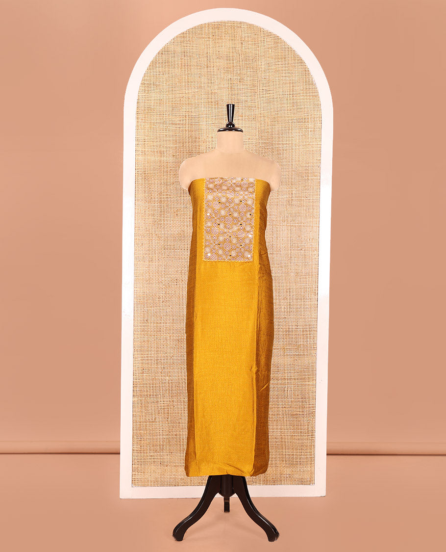 Yellow Material Chudidhar Set, Decked Up with Ajrakh Patch Work and Mirror Work, Vichitra Silk Top, Plain Santoon Bottom, and Chinon Silk Dupatta Featuring Intricate Ajrakh Prints