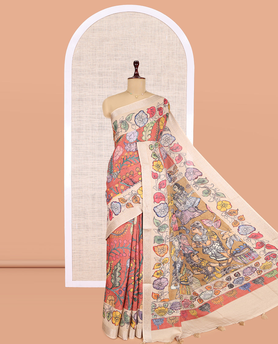 Dark Peach Kalamkari Printed Fancy Tussar Saree