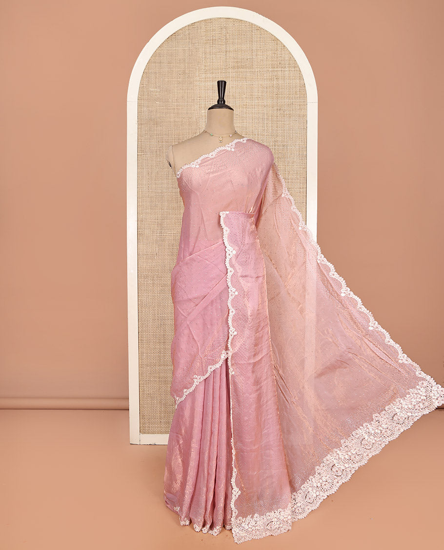 Pink Designer Saree, Gracefully Embellished with Stone Work, Scallop Lace Border, a Self-Pallu, and a Matching Blouse