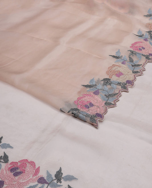 Baby pink organza saree with self floral embroidery, scallop border