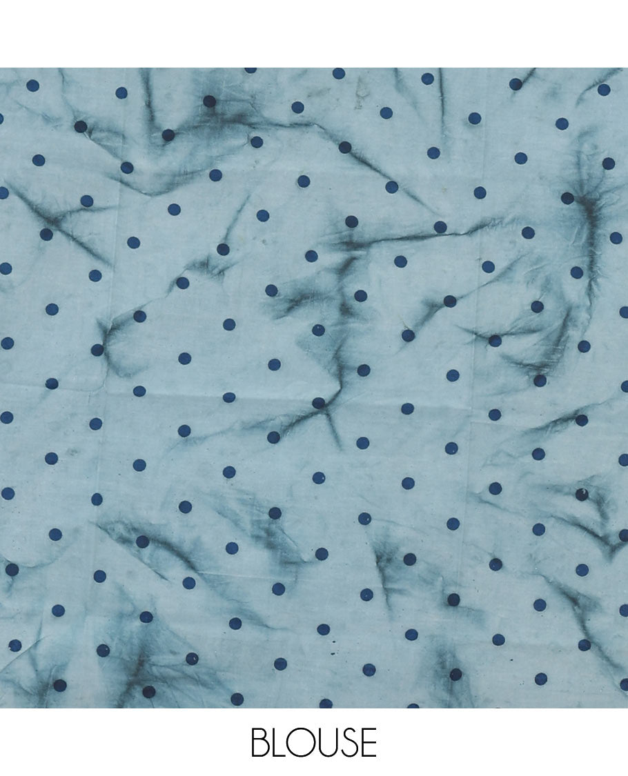 Blue tamil letters printed soft cotton saree, zari piping border, small polka dotted pallu, and blouse of abstract and polka dots print