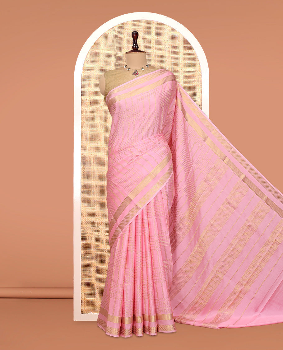 Pink Mysore Silk Saree, Gleamed Up with Zari Designs, Highlighted by a Traditional Zari Border, Intricate Pallu, and a Matching Blouse