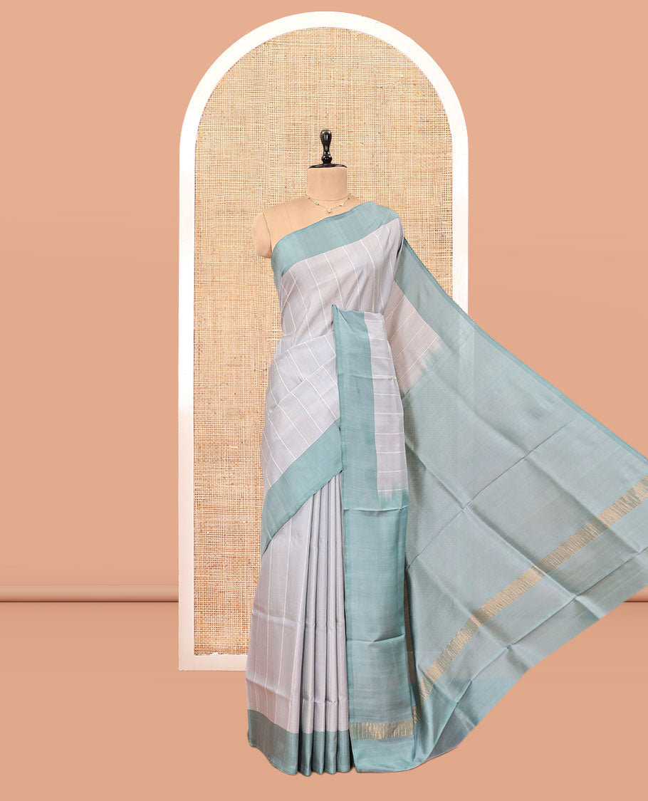 Light Grey Striped Uppada Silk Saree, Complemented by a Contrast Border, Plain Pallu, and a Contrast Blouse