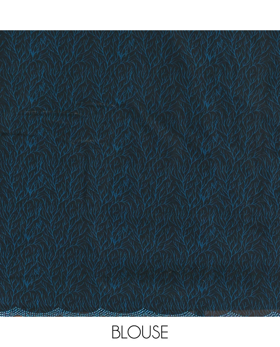 Peacock blue digital print, diamond work fendy satin saree with stone work border