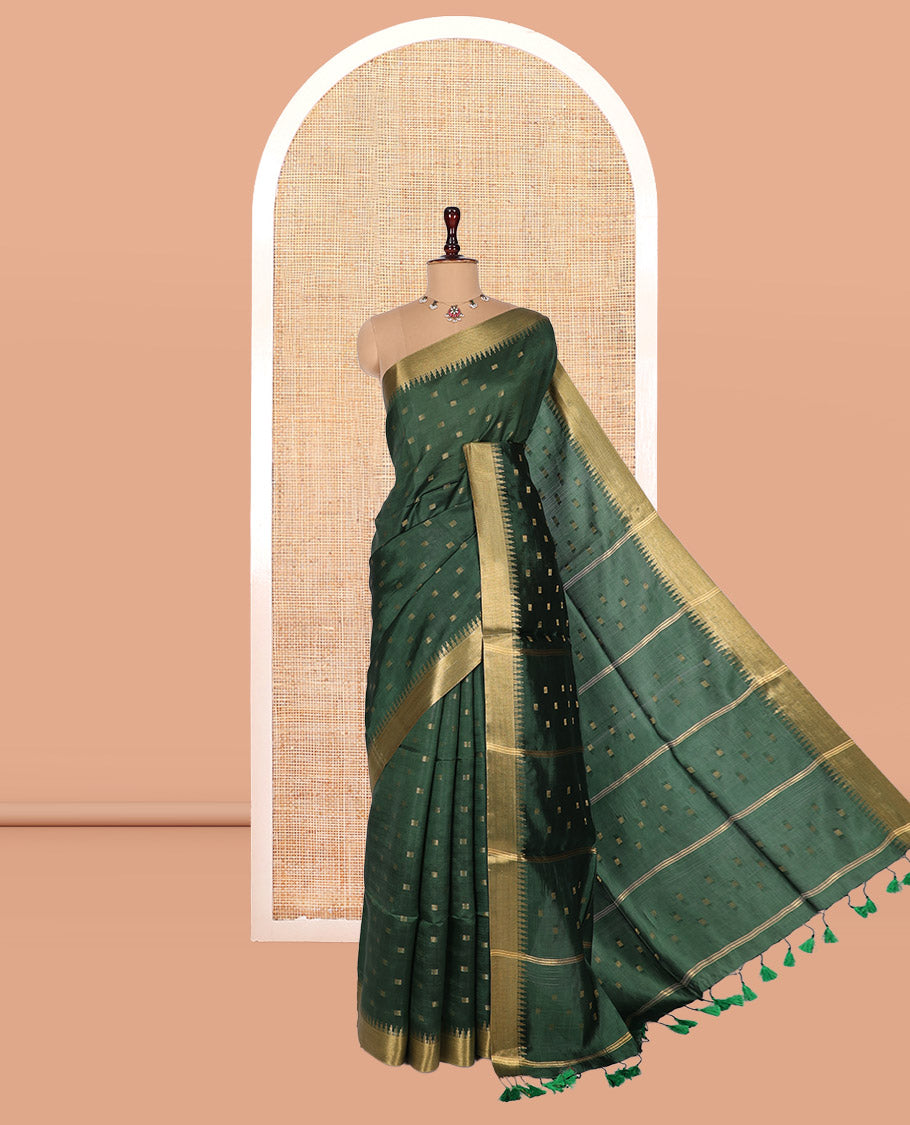 Green Banana Pith Saree, Accentuated with Zari Buttas, a Zari Temple Border, Striped Pallu, and Matching Blouse