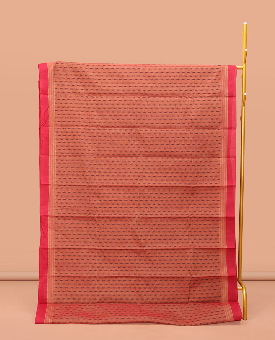Orange Kanchi Cotton Saree Steeped with Thread Buttas on Its Body, Complemented by a Contrast Border, Paisley-Motif Pallu, and a Matching Blouse
