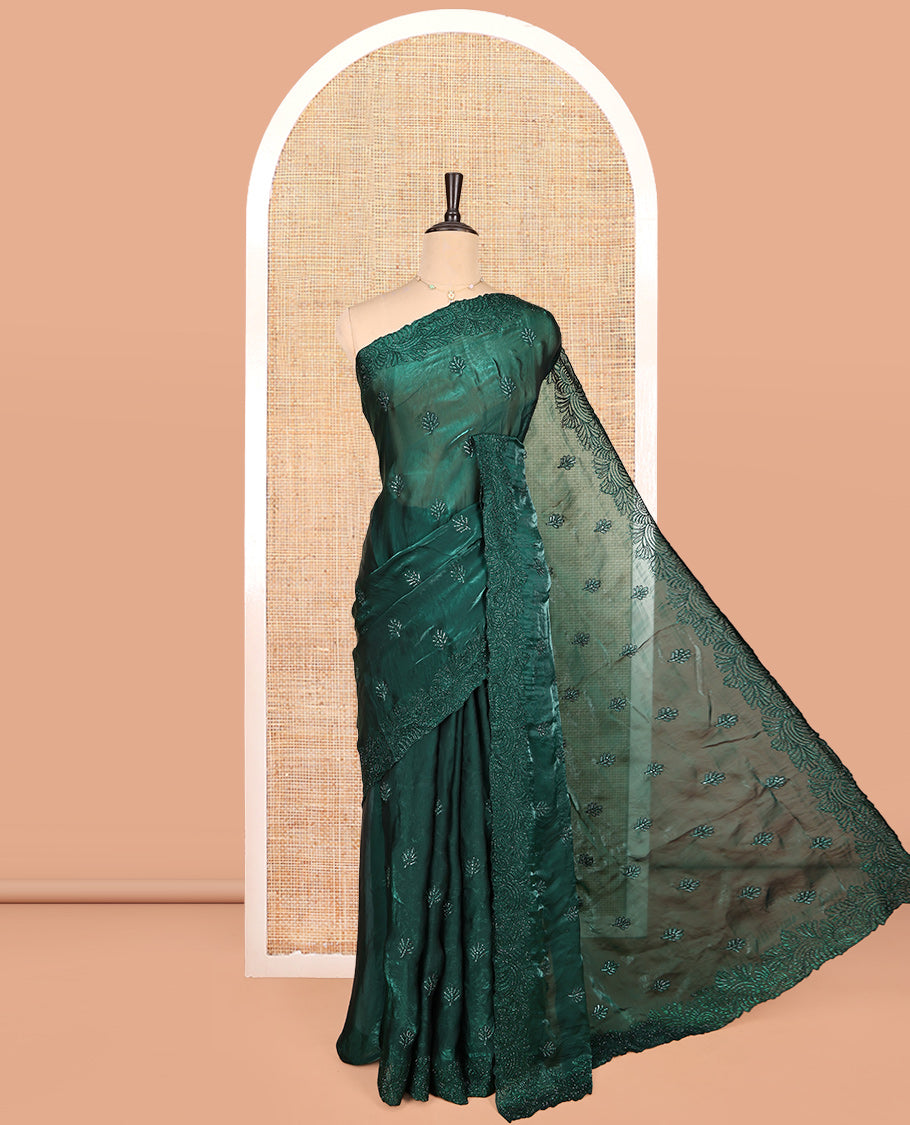 Green Designer Saree, Masterfully Woven with Floral Stone Patchwork, a Scallop Stonework Border, and a Matching Blouse