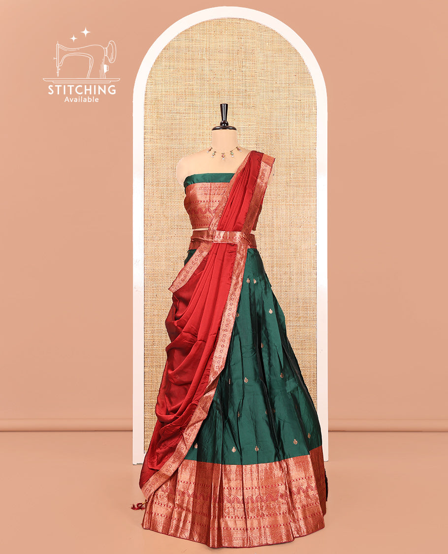 Dark Green Semi-Banarasi Half-Saree Featuring Buttas Skirt, Contrast Traditional Border, Matching Blouse, Satin Georgette Dhavani