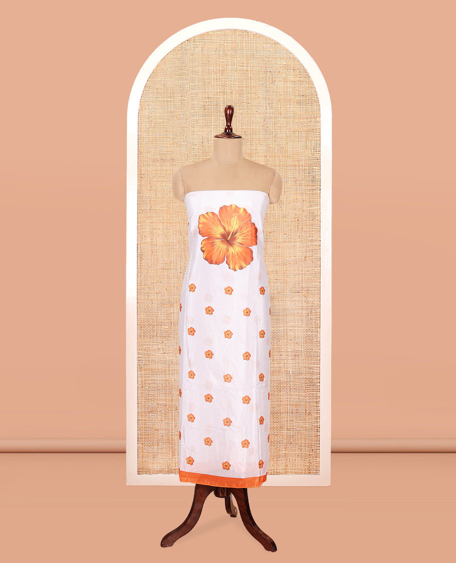 Cream-Orange Semi-Silk Material Chudidar, Floral Printed Top, Matching Bottom, Floral Printed Dupatta