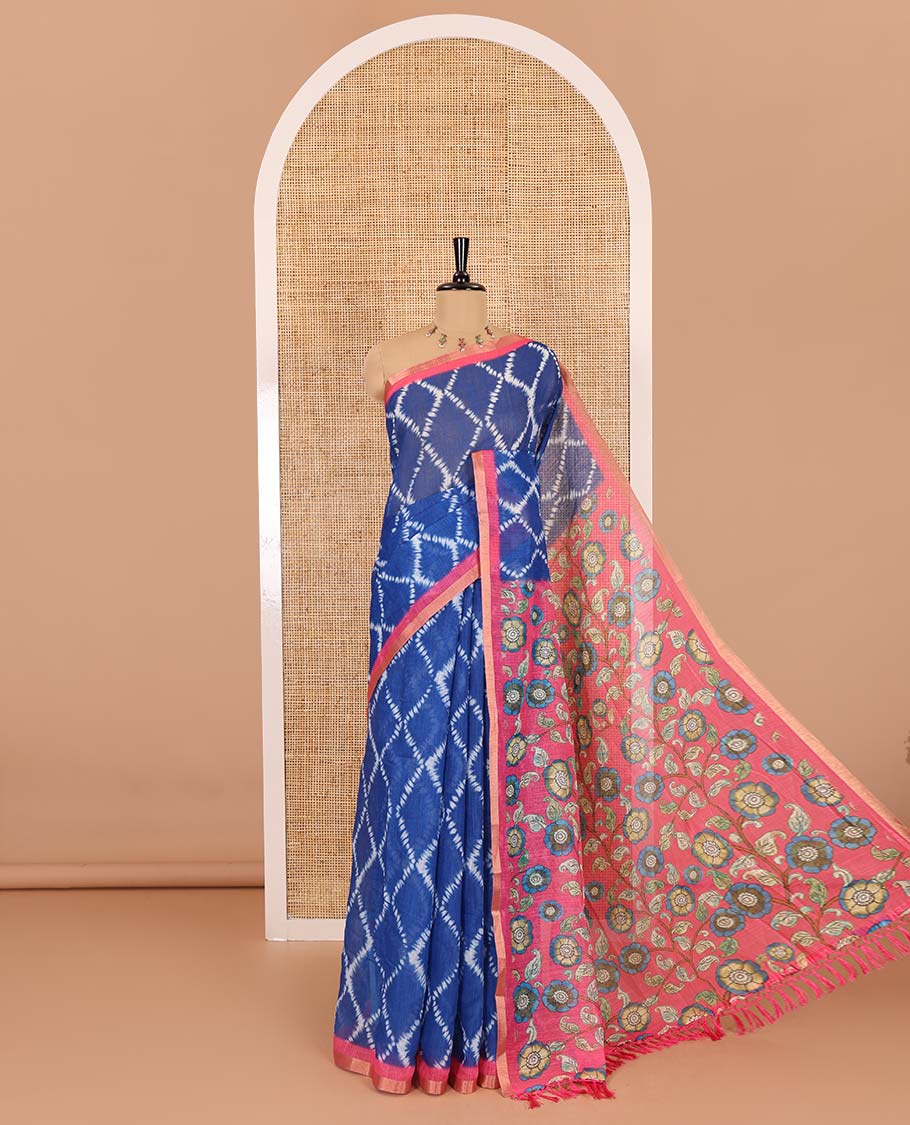 Blue argyle shibori printed linen cotton saree, contrast border, kalamkari floral vine printed pallu, and a contrast kalamkari printed blouse