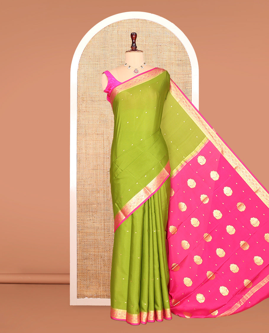 Green Zari Buttas Mysore Silk Saree, Complemented by a Contrast Paisley Zari Border, Zari Design Pallu, and a Contrast Blouse
