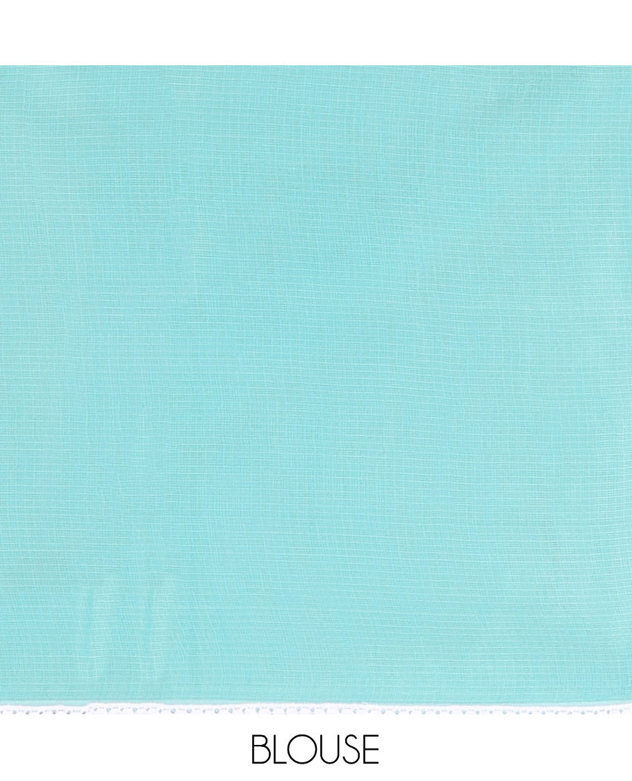Teal Green Kota Doria Saree, Delicately Woven with Butterfly Buttas, a Lace Border, a Matching Blouse