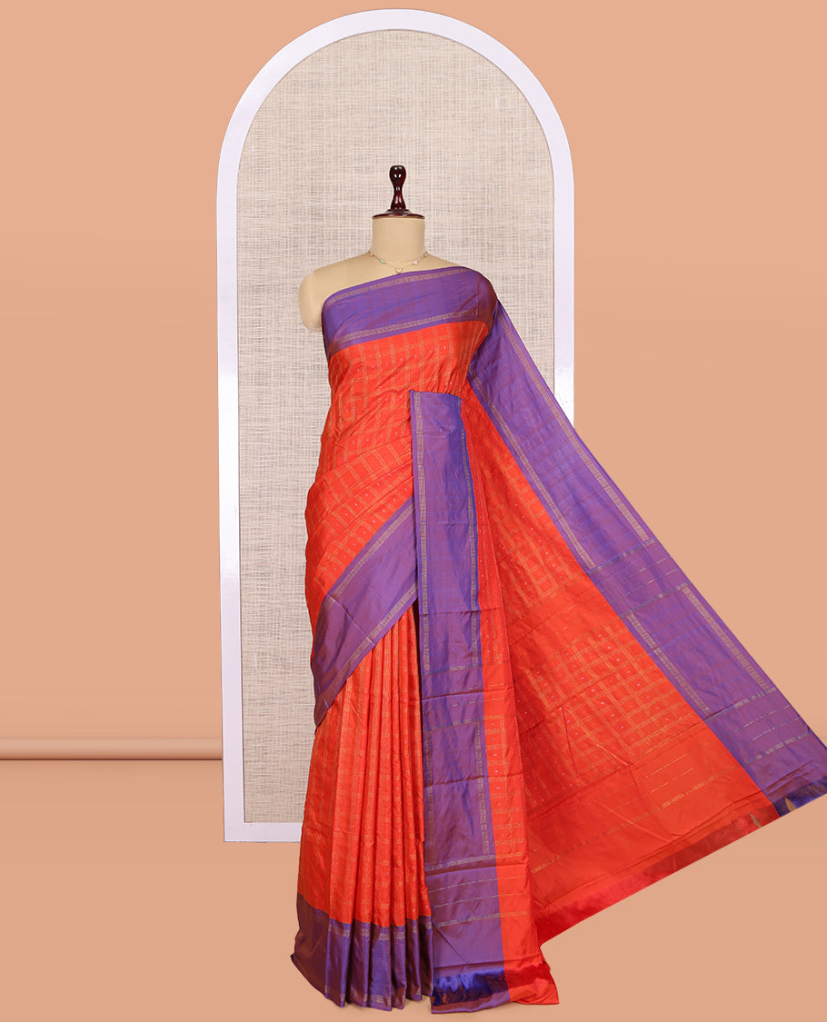 Orange Arani Saree, Detailed with Zari Butta Enclosed Checks, a Contrast Bodi Border, Pallu of Zari Design, and a Matching Blouse