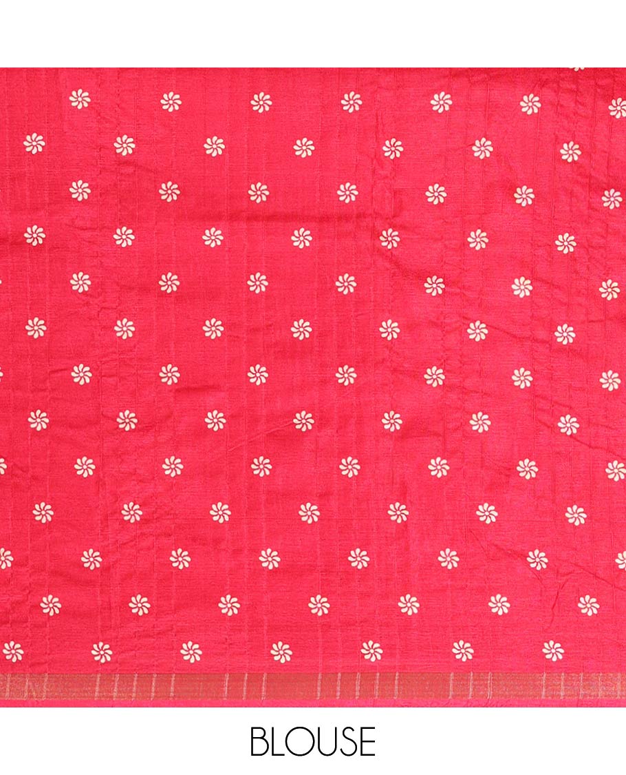 Rani pink batik-style floral butta printed Malgudi silk saree, batik floral design printed piping zari border & floral printed pallu