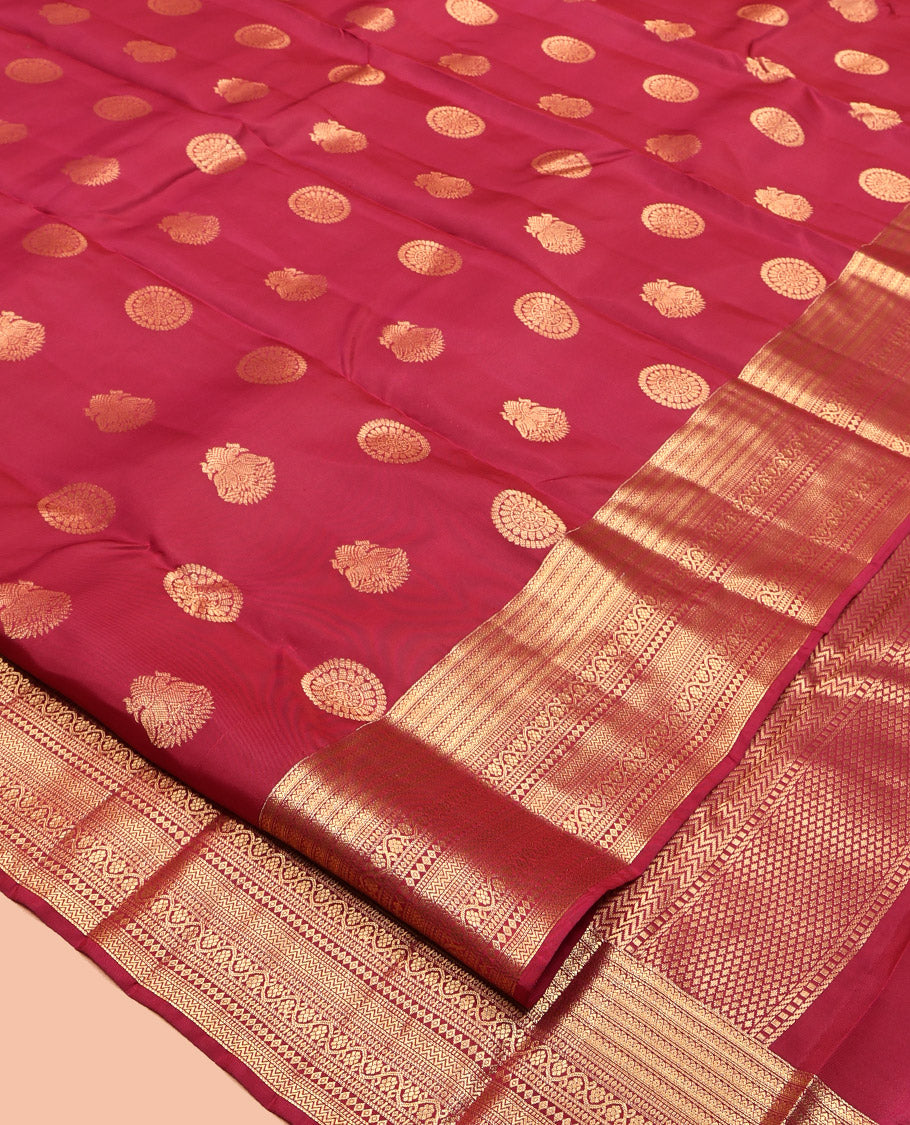 Red Vasundhara Lite Silk Mix Saree, Mesmerized with Iruthalai-Pakshi and Chakram Buttas, a Traditional Zari Border, Vanki Design Pallu, and a Matching Blouse