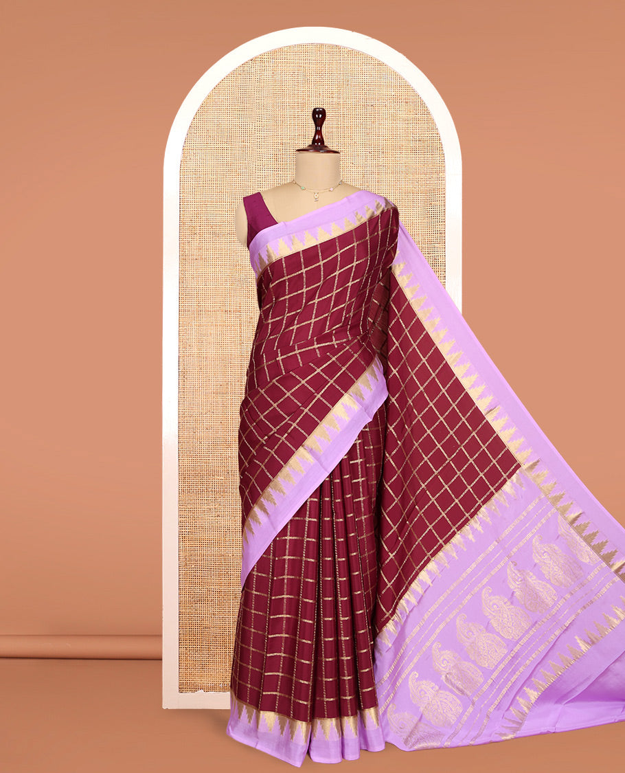 Maroon Mysore Silk Saree Features Checked Pattern, Contrast Temple Border, a Grand Pallu, and a Contrast Blouse