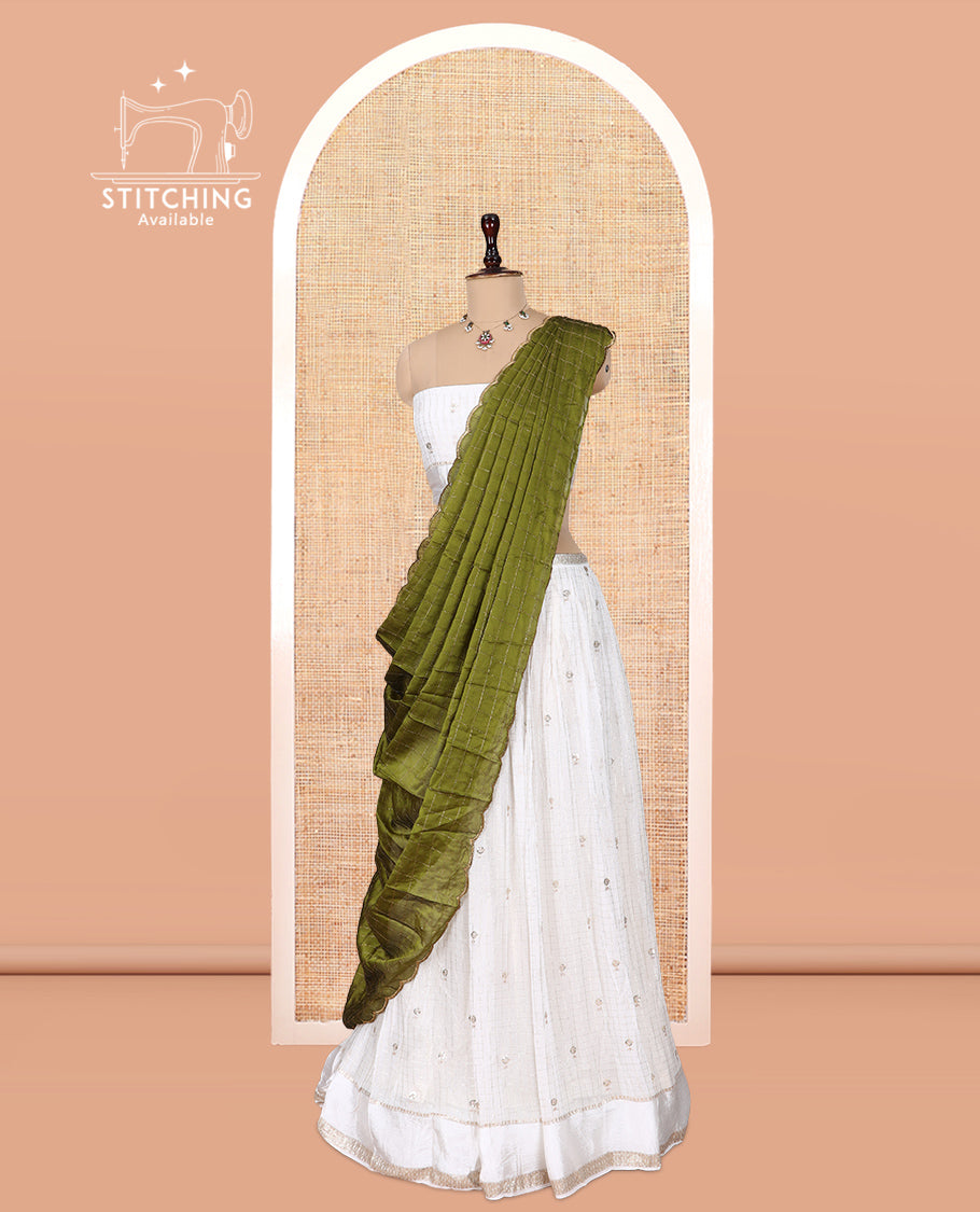 Cream-Mehendi Green Viscose Georgette Half-saree, Buttas Skirt, Matching Blouse, Contrast Checked Dhavani