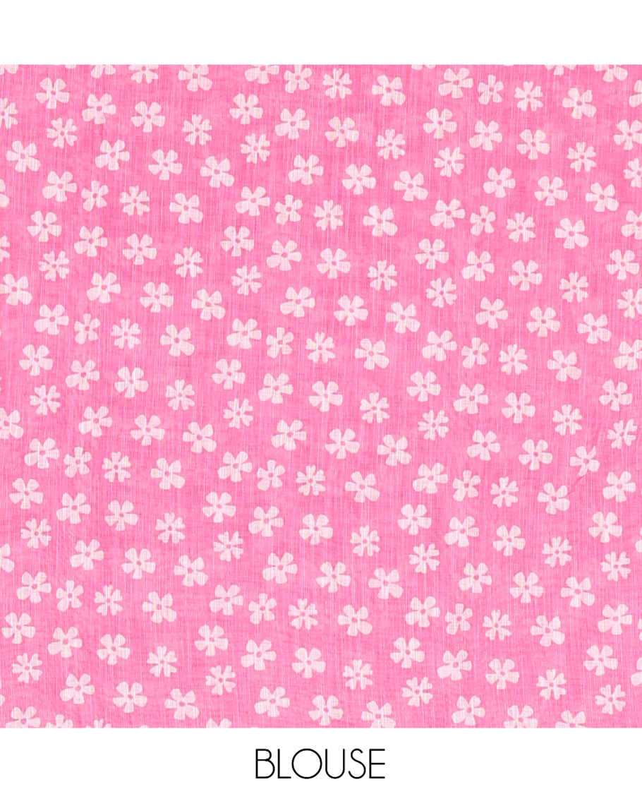 Pink Linen Cotton Saree Features Half-And-Half-Style Flower Motifs Print, a Piping Border, and a Matching Blouse