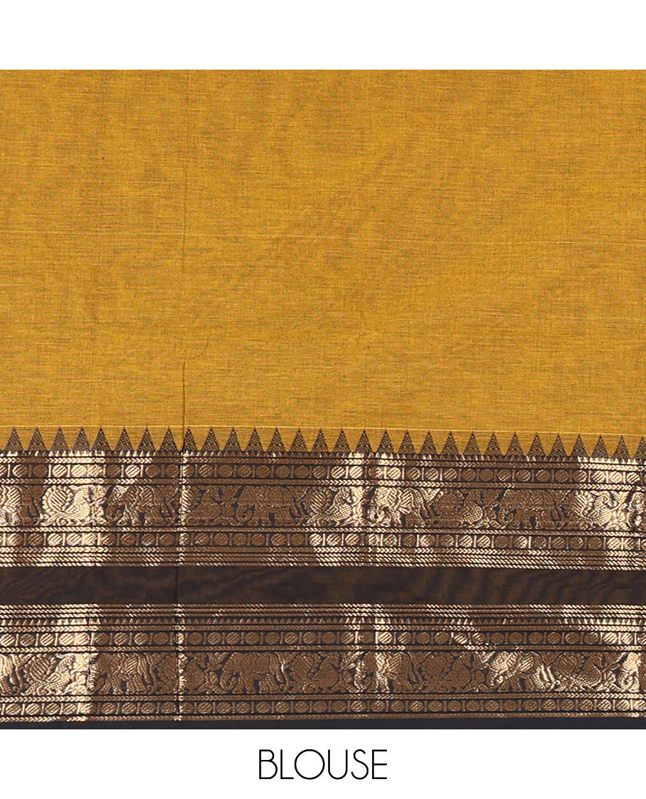 Mustard Plain Chettinad Cotton Saree, Complemented by a Contrast Rettai Pettu Temple Antique Gold Zari Border of Coin, Elephant, and Peacock Designs, Subtly Striped Pallu, and Paired with a Matching Blouse