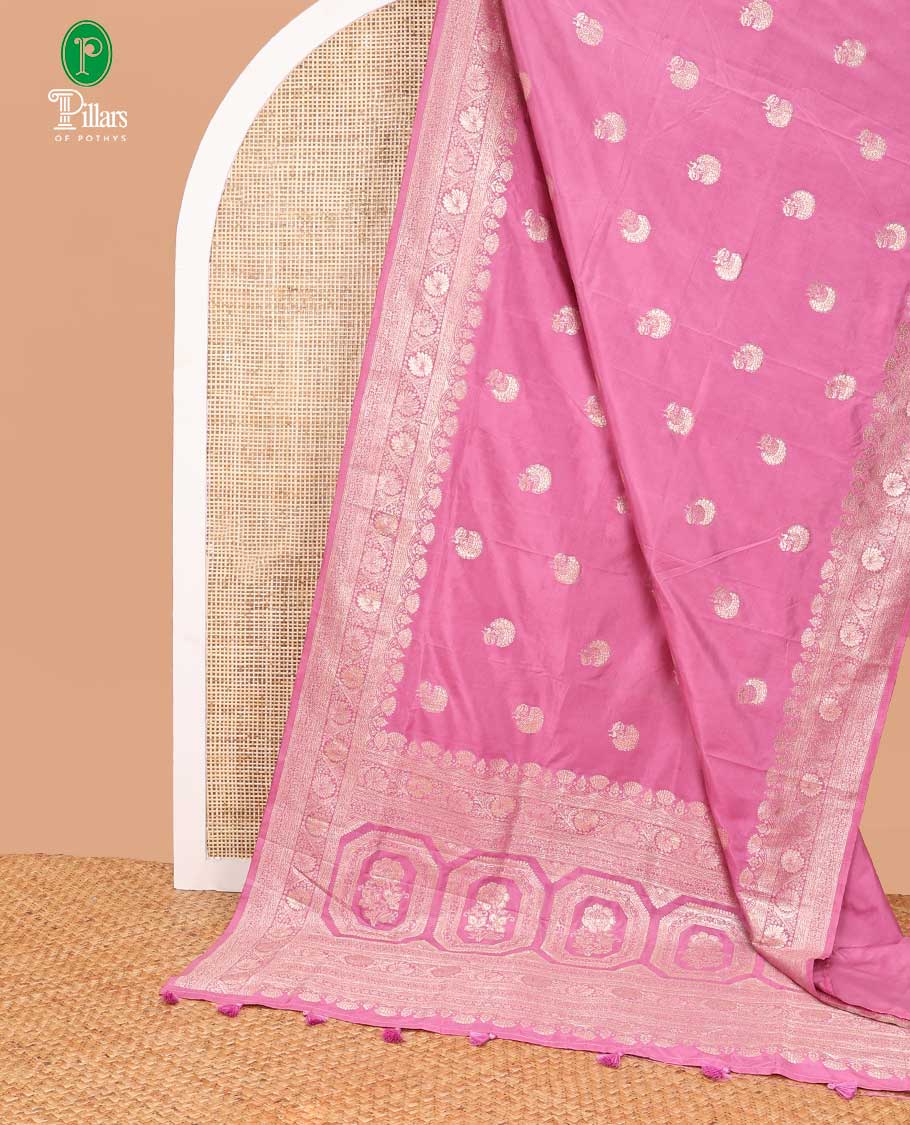 Onion pink neem zari butta dola silk saree with banaras border & rich pallu along with plain blouse