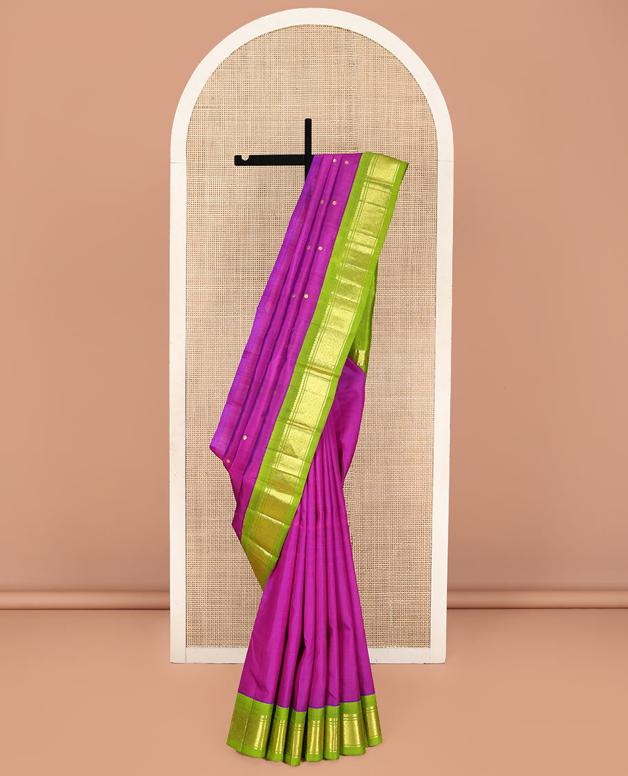 Rani Pink Kanchipuram Silk Saree, Woven with Zari Buttas on Its Body, Complemented by a Contrast One-Sided Korvai Border of Salngai, Banaras, and Jaal Designs, Pallu of Zari Designs, and Comes Without a Blouse