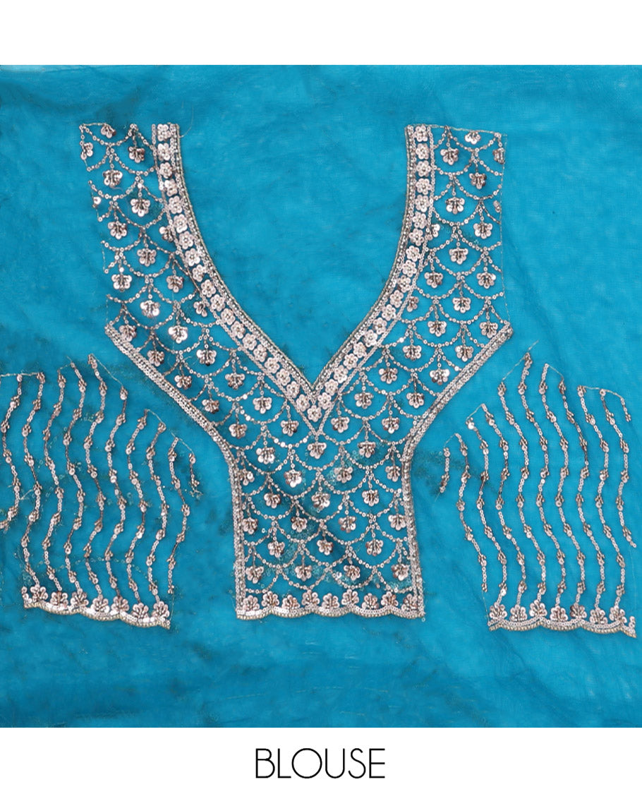 Peacock Green Zig-Zag Sequin Striped Net Designer Saree with Matching Blouse