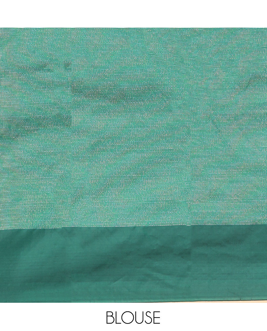 Green Arani Saree, Steeped with Zari Stripes, a Contrast Temple Border, Pallu of Zari Designs, and a Matching Blouse