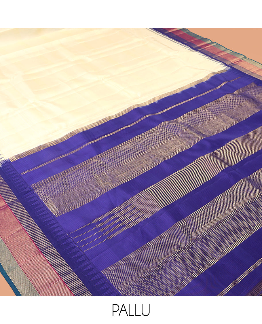 Cream Bangalore Silk Saree, Complemented by a Contrast Temple Border, Pallu of Geometric Designs, and a Contrast Blouse