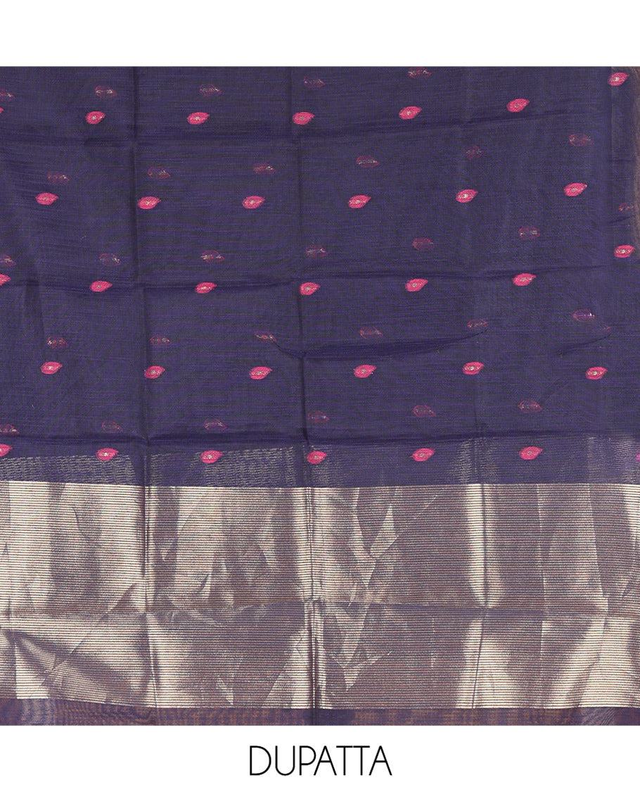 Blue Semi-Linen Material Churidar, Delicately Woven with Thread Buttas Skirt, a Plain Bottom, and a Thread Buttas Dupatta