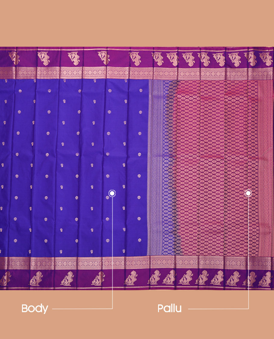 Royal Blue Budget Silk Saree, Decked Up with Zari Buttas, Complemented by a Contrast Traditional Zari Border of Singam Designs, Grand Pallu, and a Contrast Blouse
