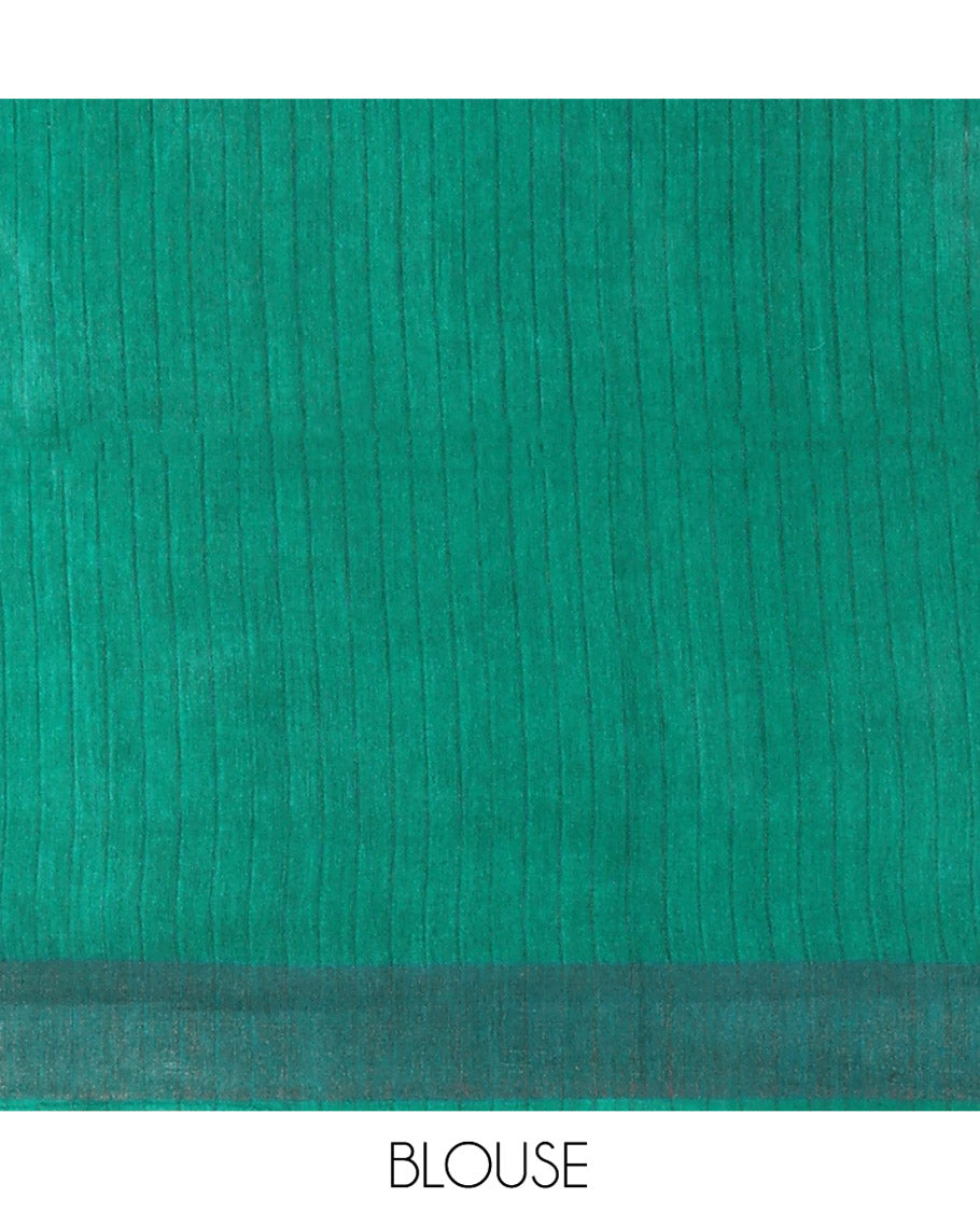 Green Tussar Silk Saree Accentuated with Leaf Motifs Printed All Over Its Body, Featuring a Contrast Border, Complemented by Contrast Pallu of Ikkat-Style Print, and Paired with a Matching Blouse