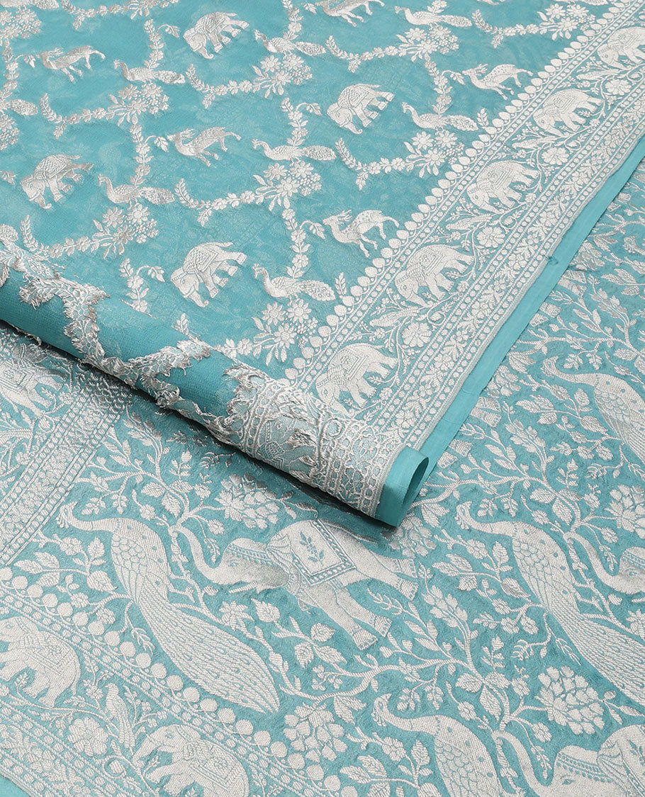 Blue floral jaal, animal design banaras silk saree with self zari design & forest theme pallu