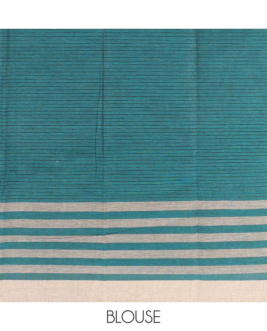 Peacock Blue Striped Andhra Cotton Saree, a Contrast Border, Striped Pallu, and a Matching Blouse