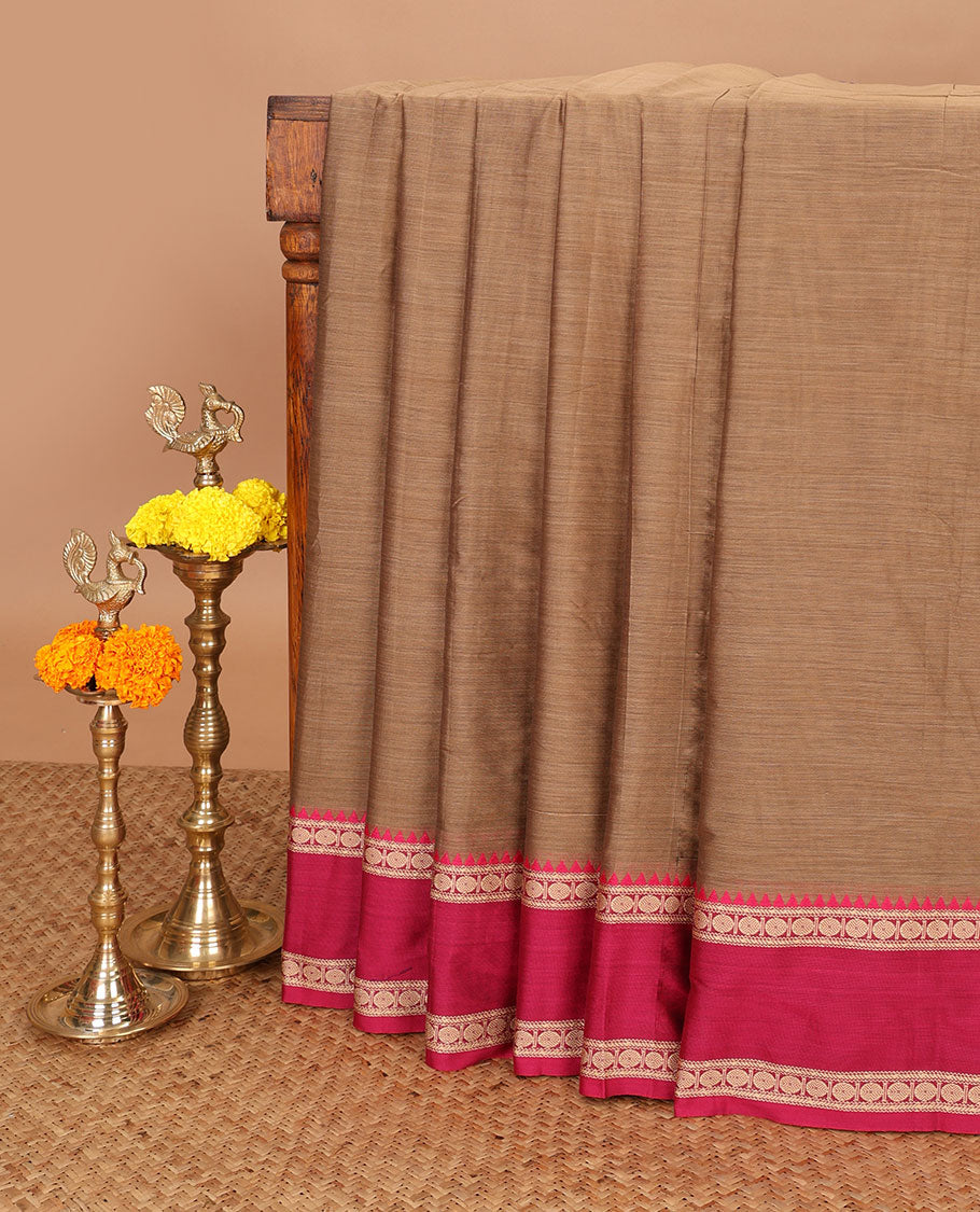 Brown mercerised cotton saree with ganga jamuna, rettai pettu thread border & seer pallu along with running blouse
