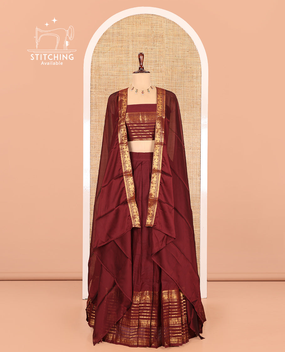 Maroon Chettinad Cotton Half-Saree, Plain Big Traditional Zari Bordered Skirt, Matching Blouse, and a Matching Dhavani