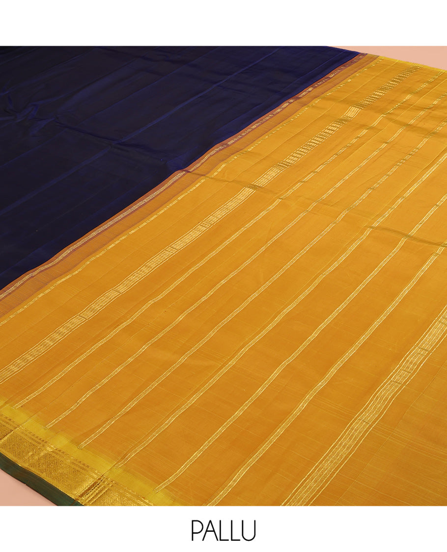 Blue Plain Kanchipuram Silk Saree, a Contrast One-sided Border of Rekku, Banaras, and Jaal Designs, Zari Striped Pallu, and No Blouse