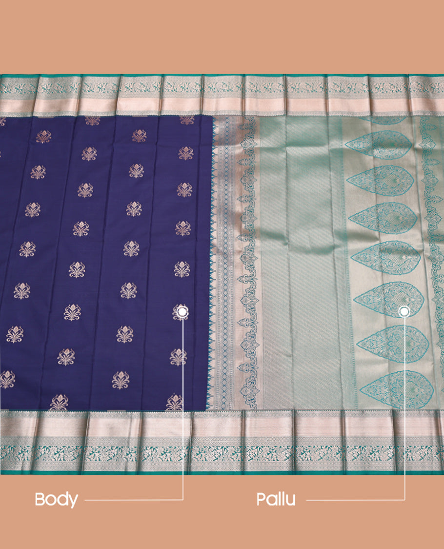 Blue Budget Silk Saree, Delicately Woven with Zari Buttas, Complemented by a Contrast Traditional Zari Border, Grand Pallu, and Contrast Blouse
