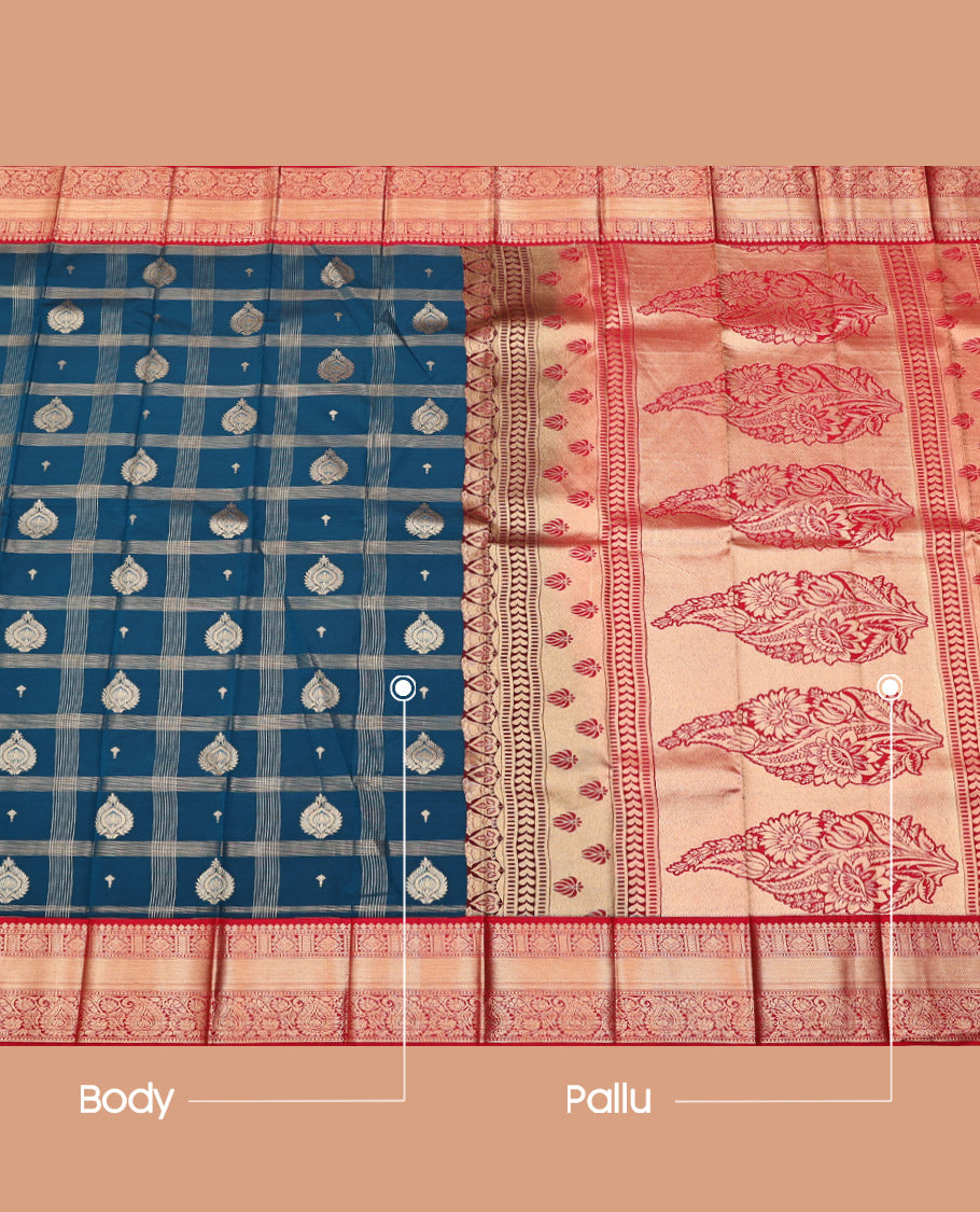 Blue Budget Silk Saree, Majestically Detailed with Zari Butta Enclosed Checks on Its Body, Complemented by a Contrast Traditional Zari Design Border, Intricately Designed Pallu, and Paired with a Contrast Blouse