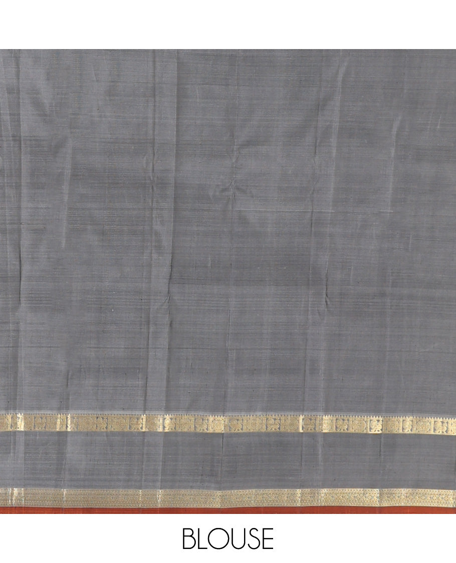 Brown Kanchipuram Silk Saree, Artfully Detailed with Mayil-Chakram Buttas, a Contrast Rettai Pettu Border of Mayil and Chakram Designs, Jaal Pallu, and a Contrast Blouse