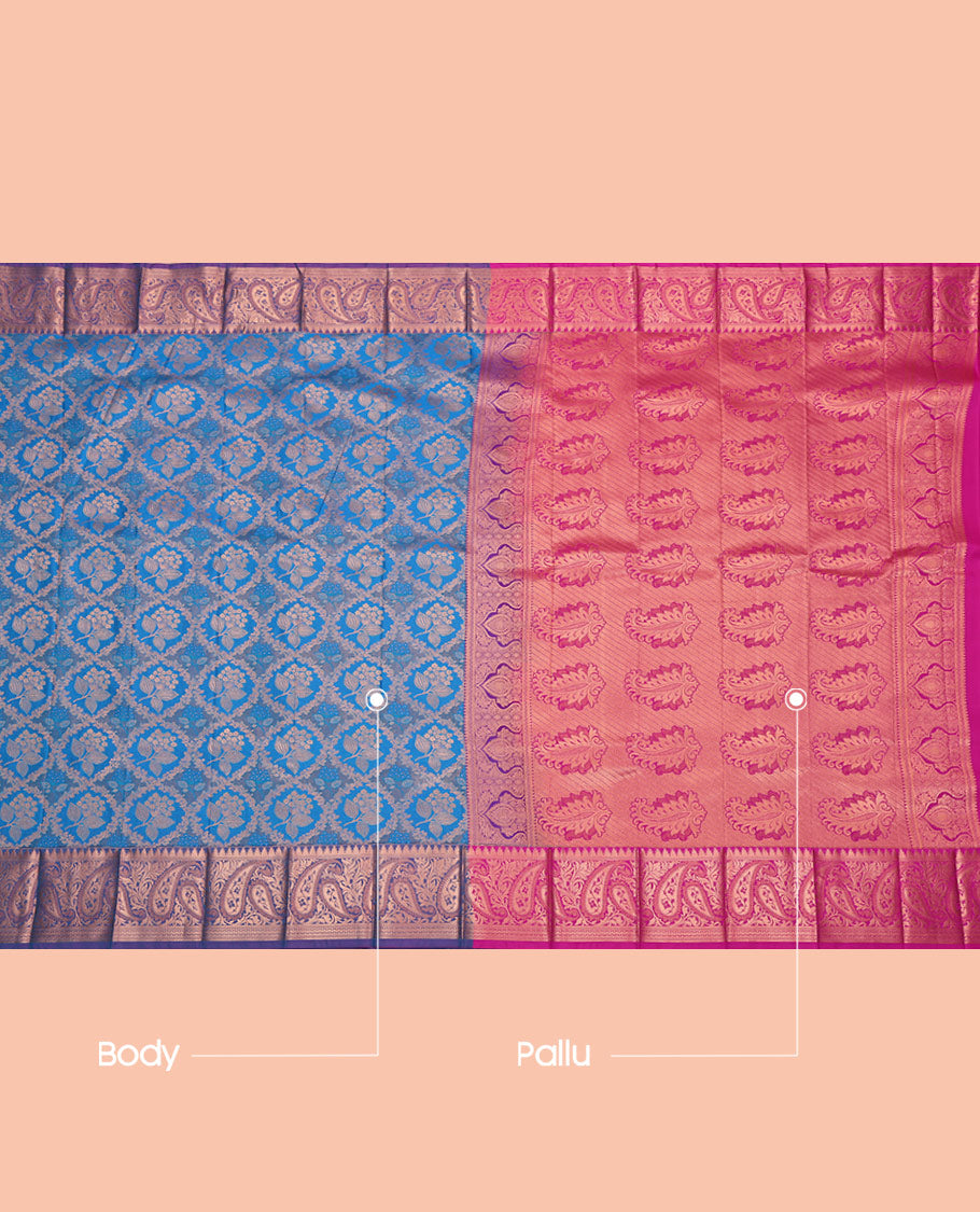 Blue Budget Silk Saree, Elevated with Floral Jacquard, Complemented by Contrast Paisley Zari Border, Intricate Pallu, and a Contrast Blouse