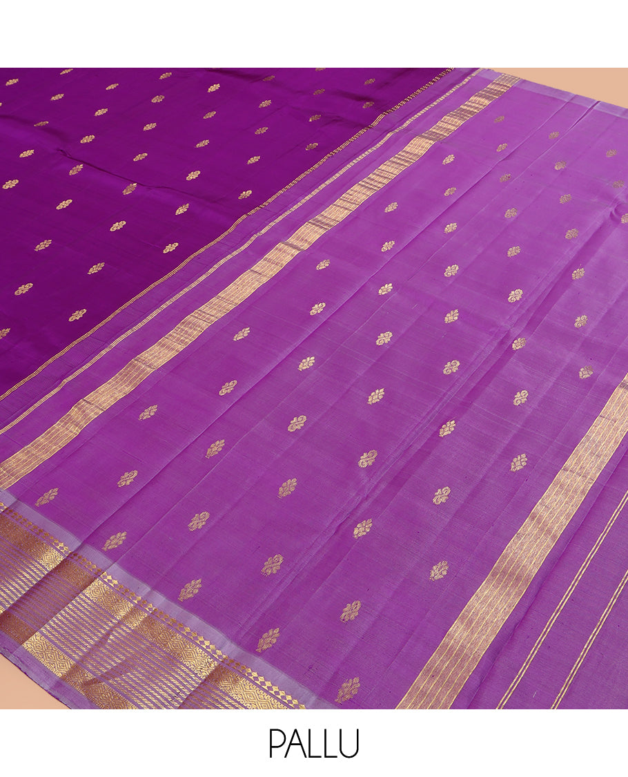 Purple Kanchipuram Silk Saree, Embellished with Zari Buttas, a Contrast One-Sided Border of Paneer Sombu, Banaras and Diamond Design, Zari Design Pallu, and No Blouse