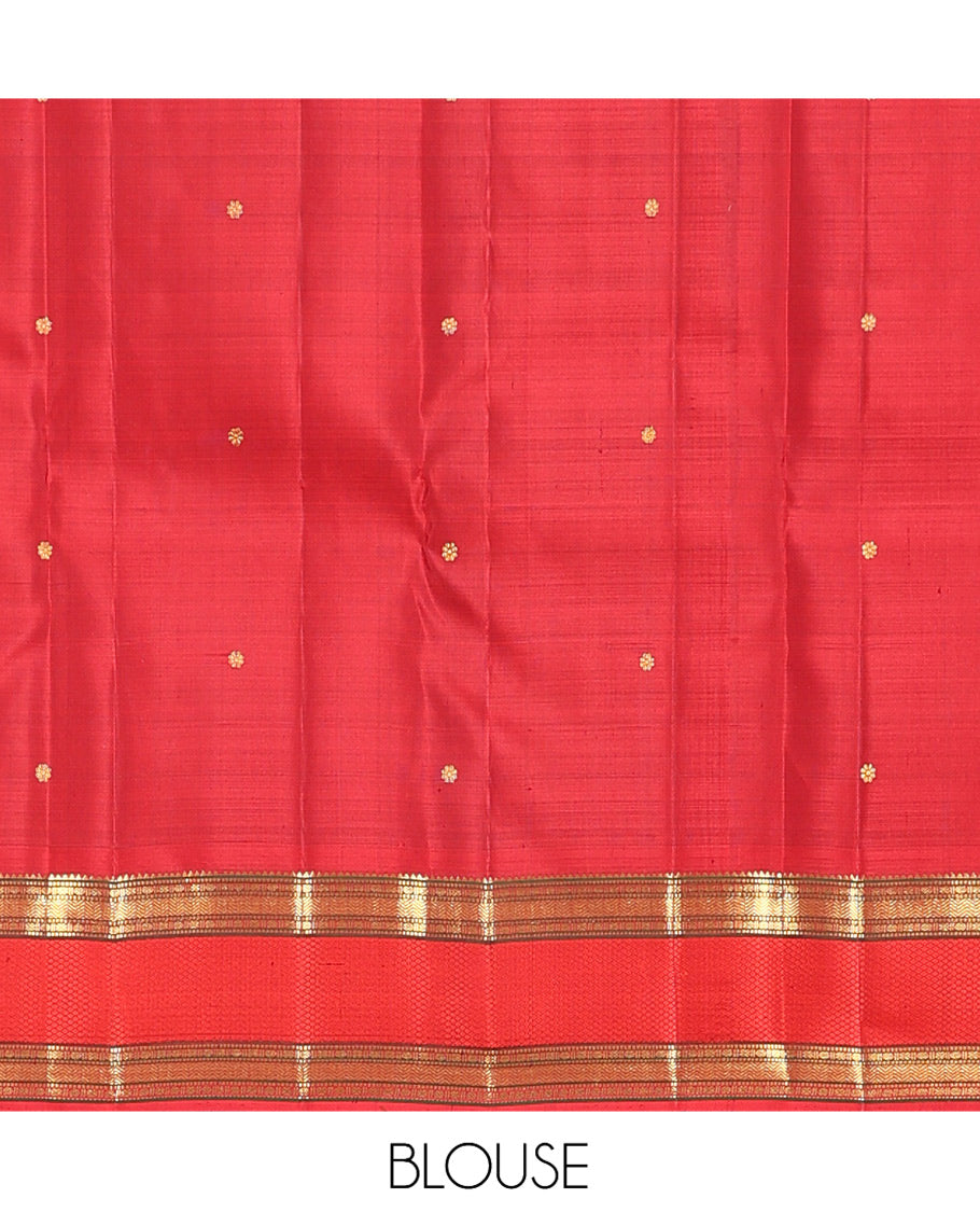 Maroon Kanchipuram Silk Saree, Elevated with Zari Buttas, Complemented by Contrast Border of Rekku, Muthu, Poun, Vanki, and Mayil Kann, Zari Design Pallu, and Contrast Blouse