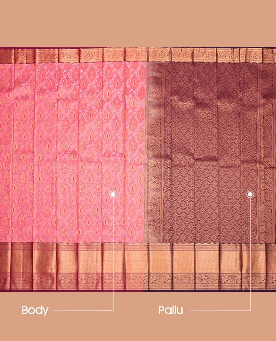 Pink Budget Silk Saree, Woven with Jacquard, Complemented by Contrast Traditional Zari Border, Grand Pallu, and a Contrast Blouse