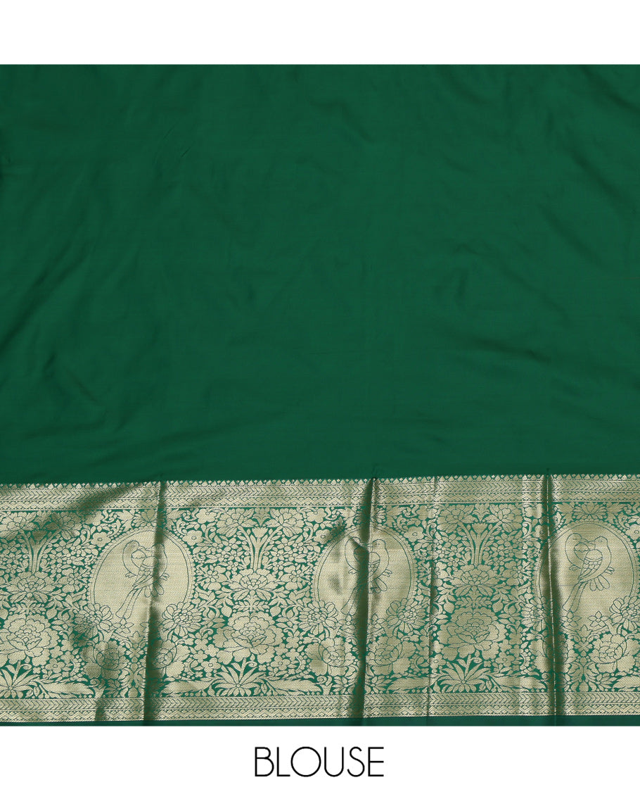 Orange Art Silk Pavadai Material, Delicately Woven with Jacquard Design, Contrast Floral-Bird Zari Design Border, and a Contrast Blouse